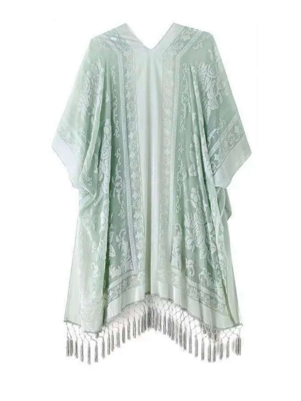 Free People Mint Green Lace-Panel Fringe Duster